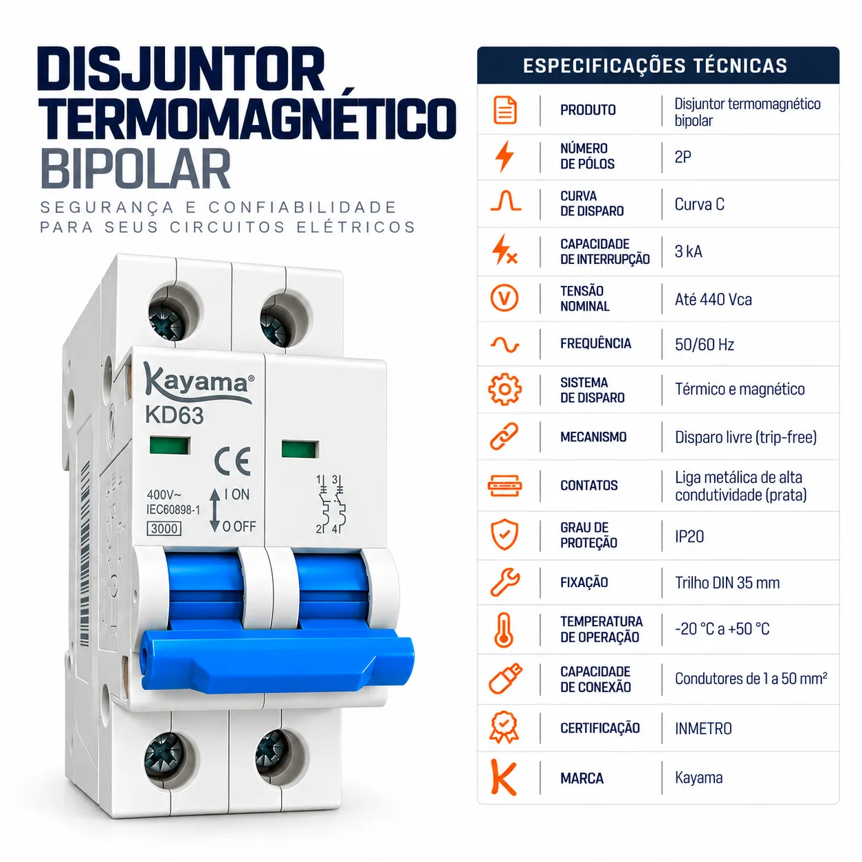 Mini-disjuntor DIN Bipolar Curva C 40A — imagem 5