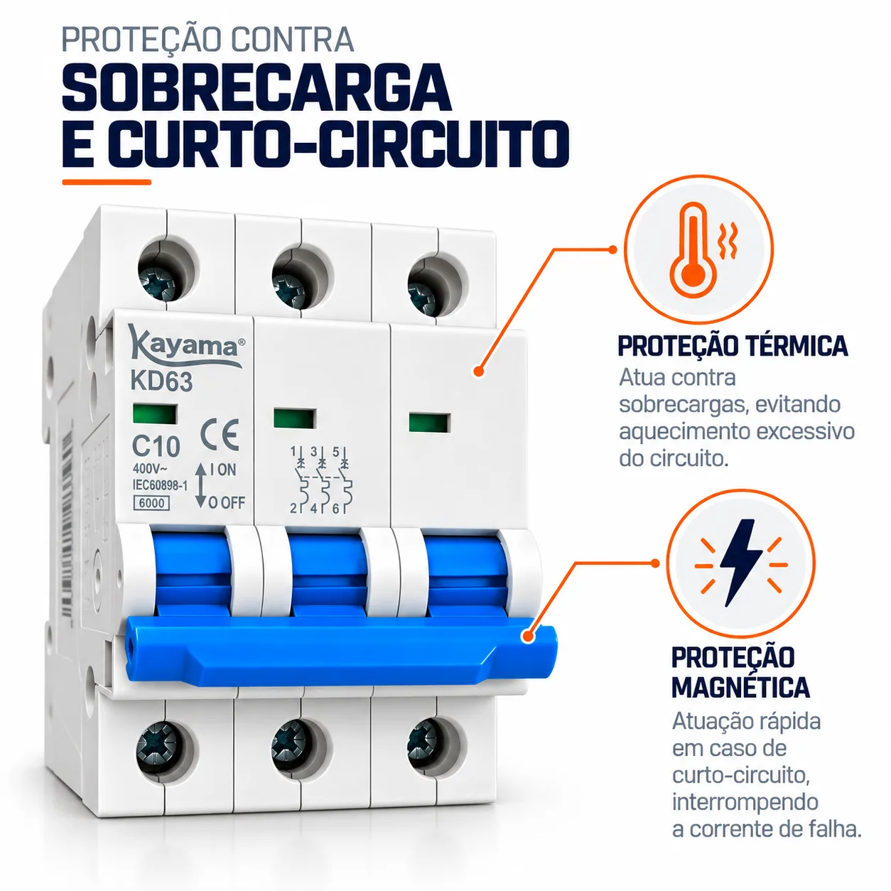 Mini-disjuntor DIN Tripolar Curva C 10A — imagem 2
