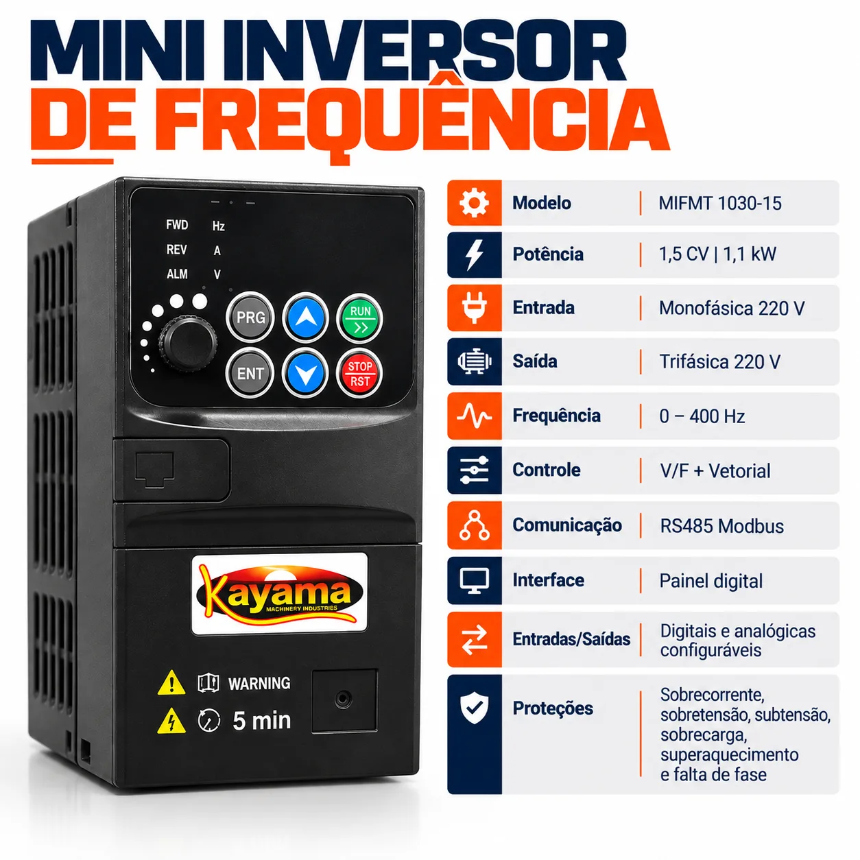 Mini Inversor de Frequência Monofásico/Trifásico 7,5 cv 380V MIFMT 1031-75 Kayama — imagem 4