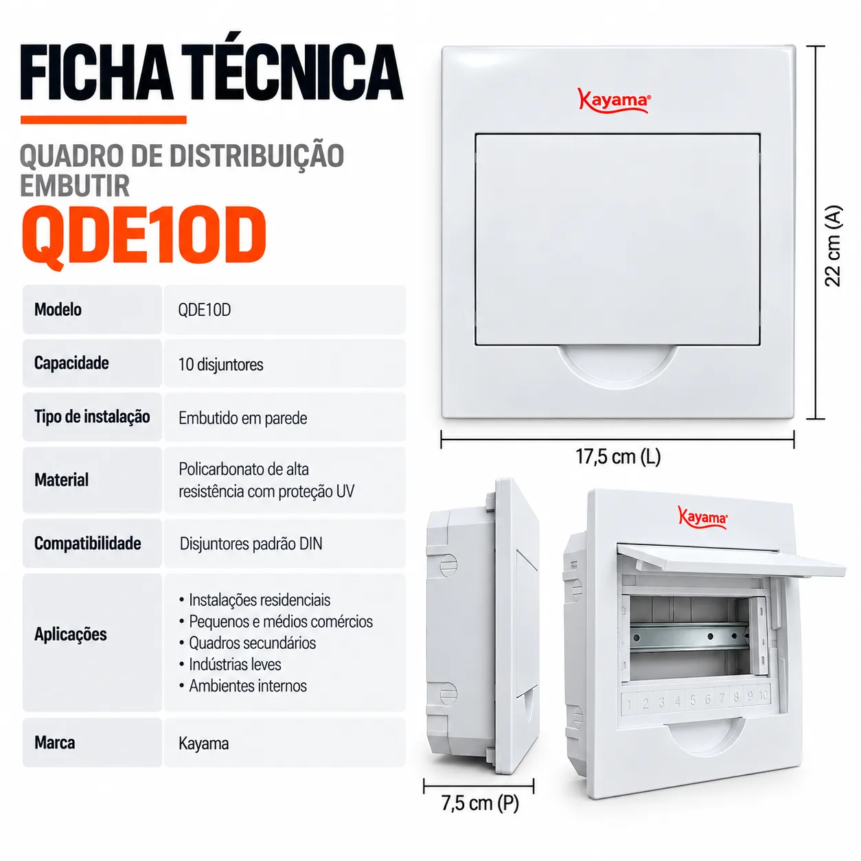 Quadro de Distribuição Embutir para 10 disjuntores QDE10D Kayama — imagem 4