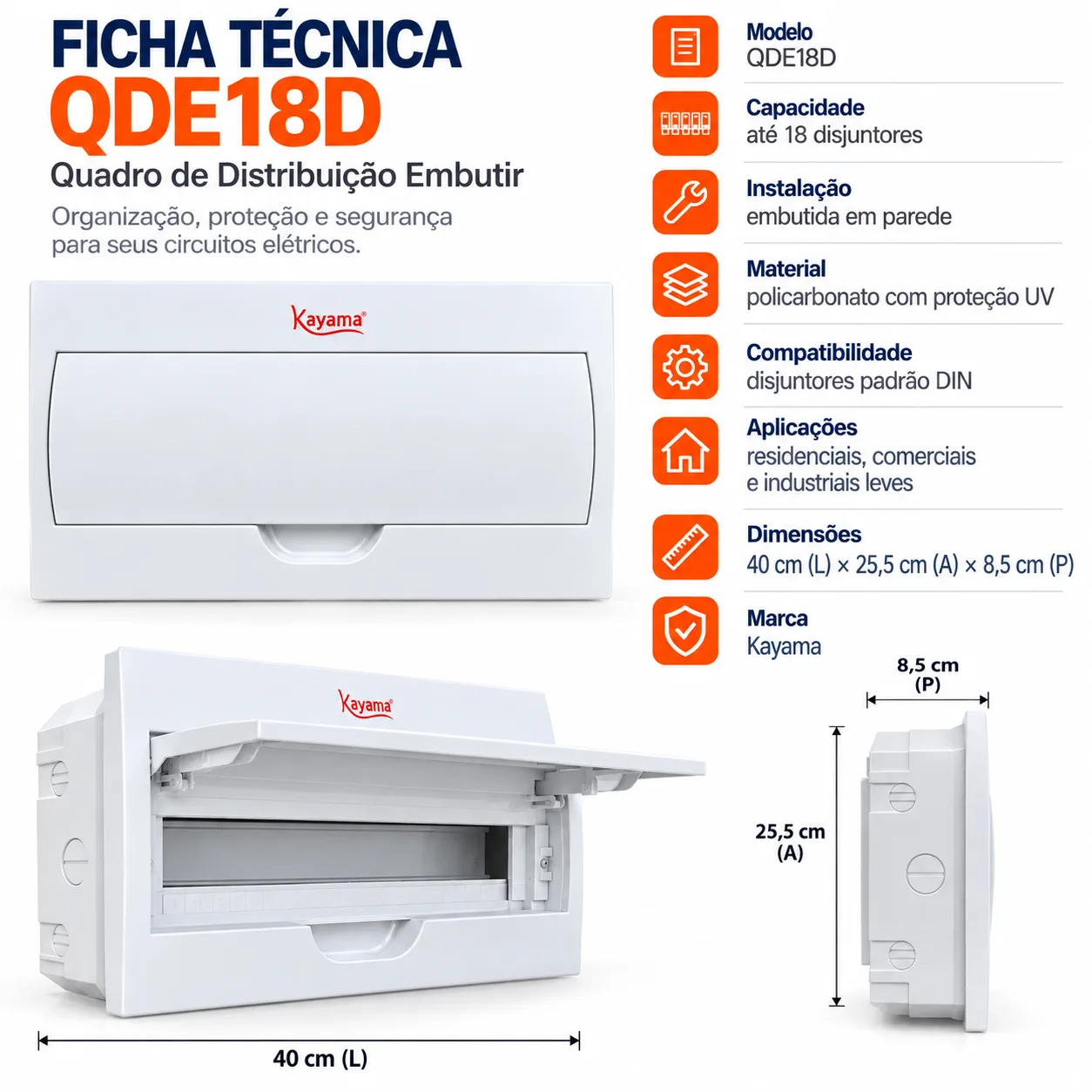 Quadro de Distribuição Embutir para 18 disjuntores QDE18D Kayama — imagem 3