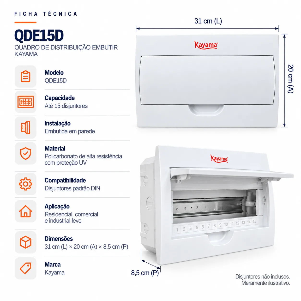 Quadro de Distribuição Embutir para 15 disjuntores QDE15D Kayama — imagem 3