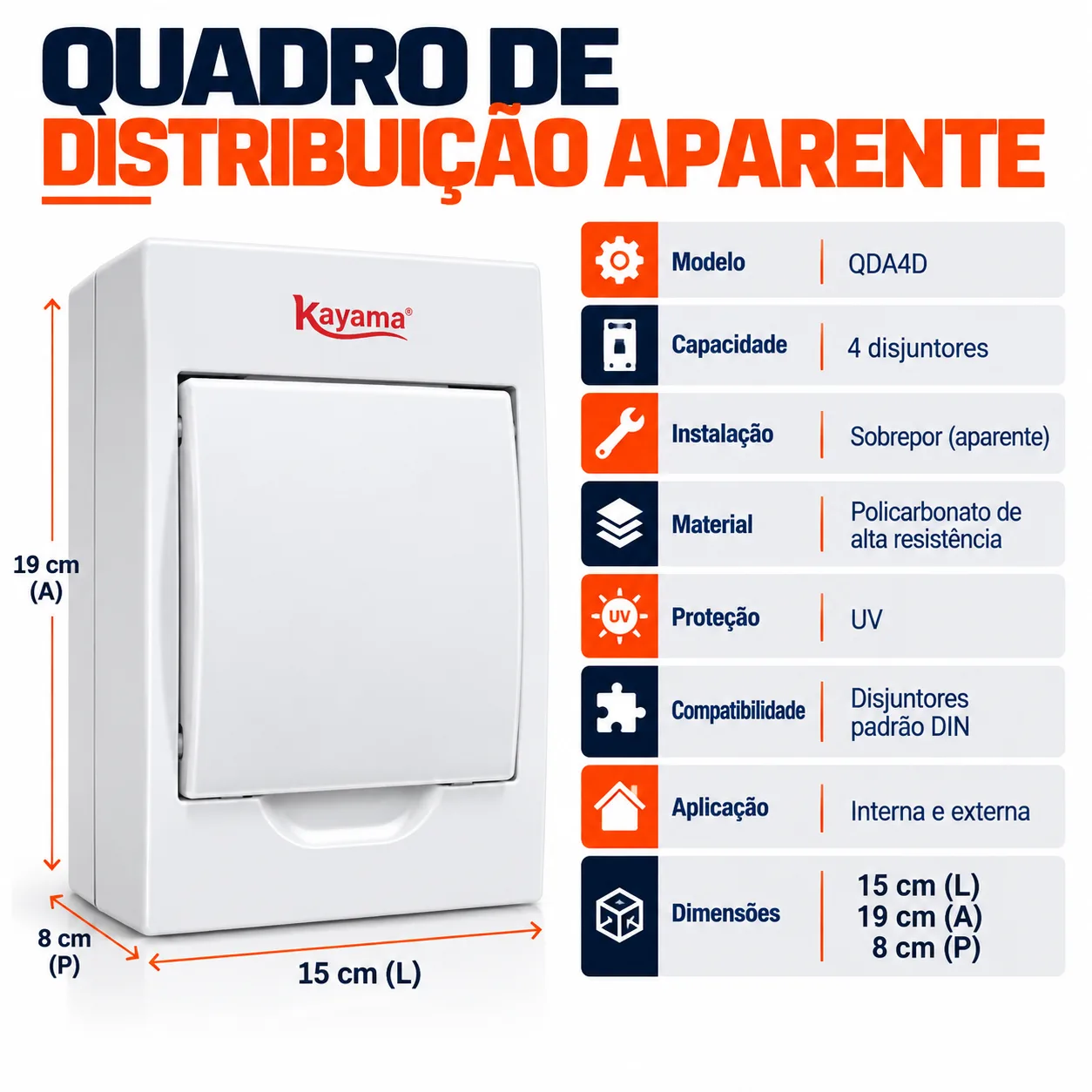 Quadro de Distribuição Aparente para 4 disjuntores QDA4D Kayama — imagem 4