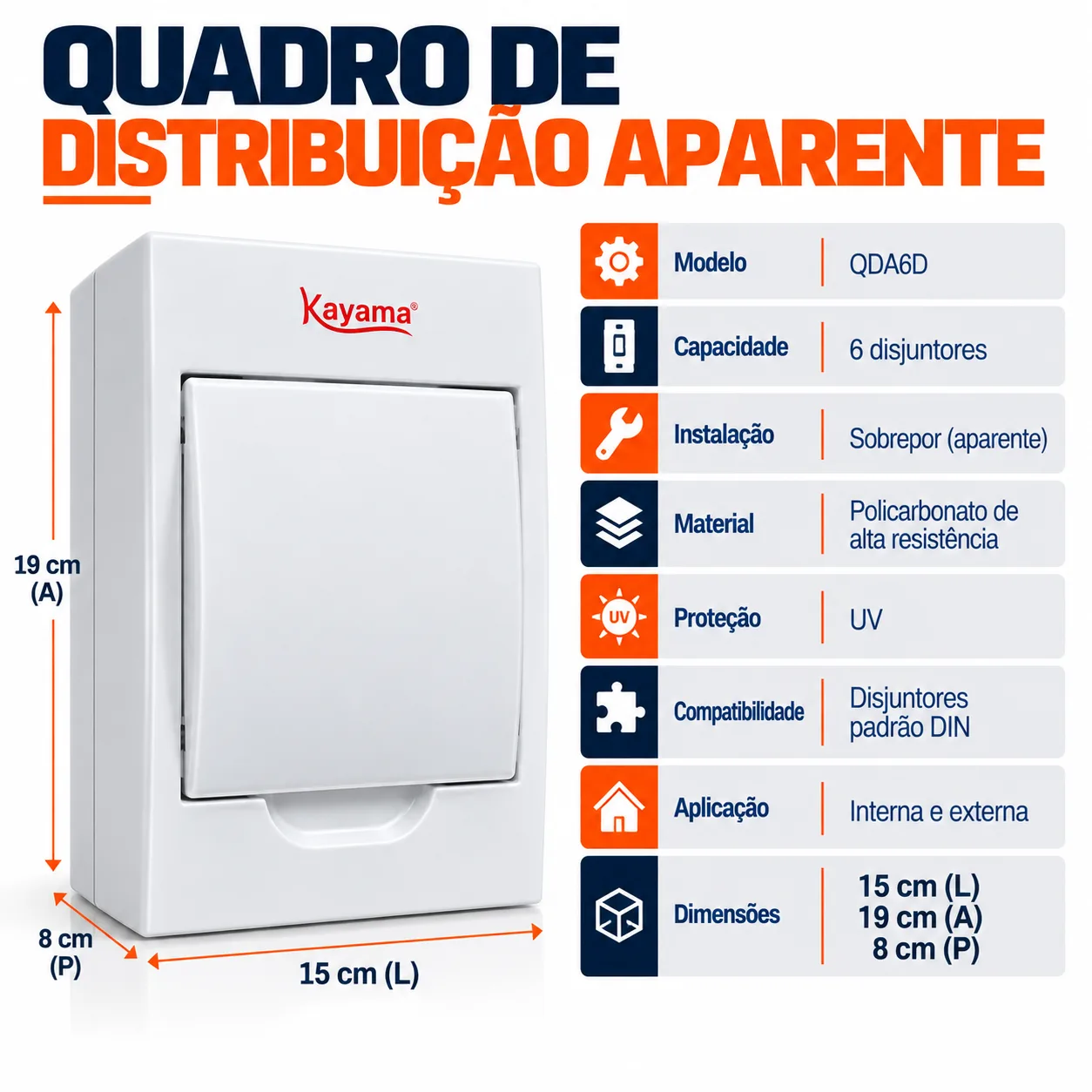 Quadro de Distribuição Aparente para 6 disjuntores QDA6D Kayama — imagem 4
