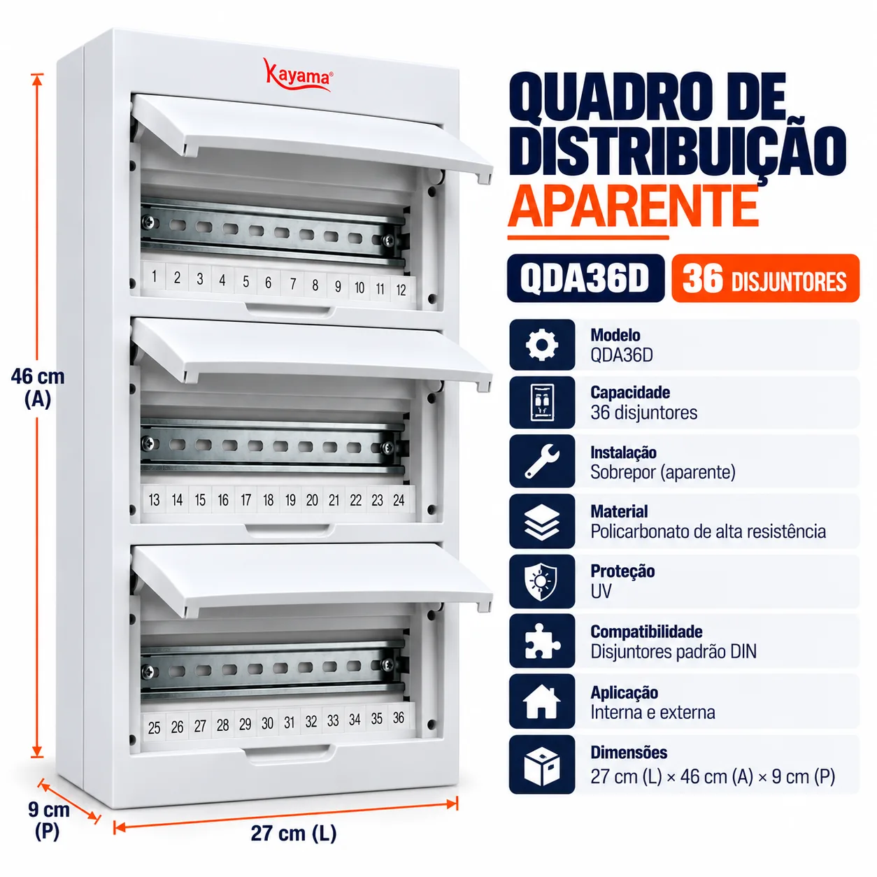 Quadro de Distribuição Aparente para 36 disjuntores QDA36D Kayama — imagem 3
