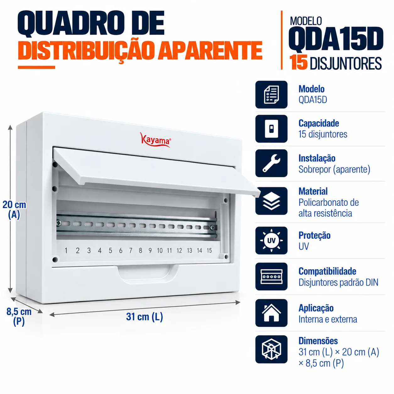 Quadro de Distribuição Aparente para 15 disjuntores QDA15D Kayama — imagem 4