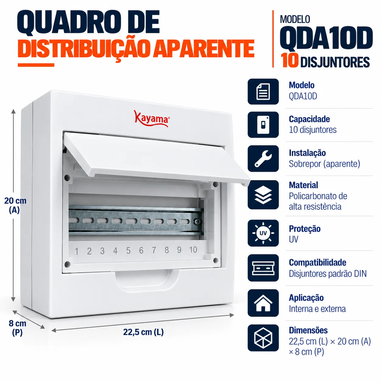 Quadro de Distribuição Aparente para 10 disjuntores QDA10D Kayama — imagem 4