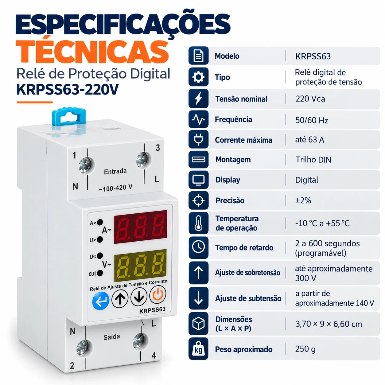Relé de proteção contra sobretensão e subtensão Digital - KRPSS63 - 220V 50/60HZ - Kayama — imagem 4