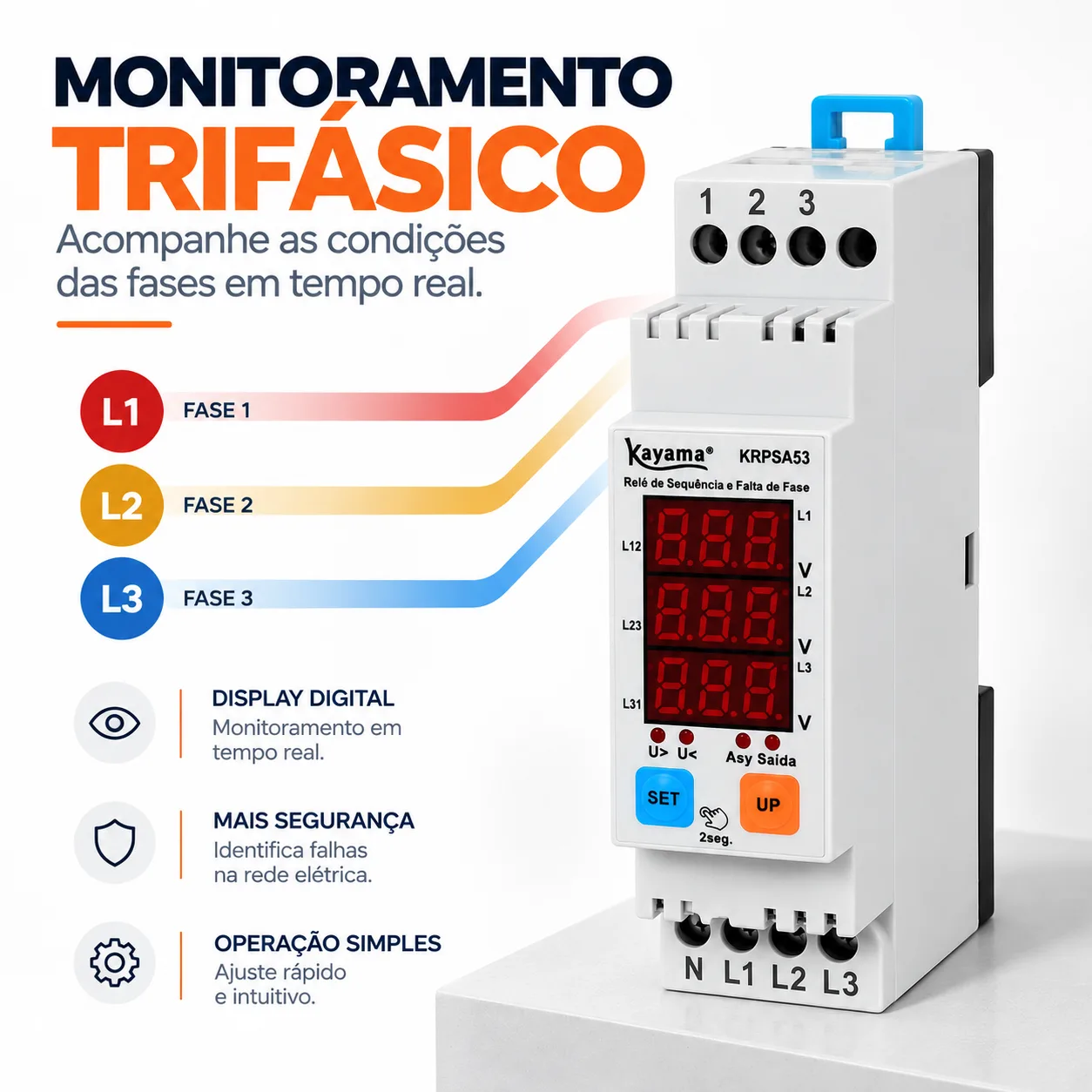 Relé de proteção de sequência de fase ajustável digital - KRPSA53 - 220V 50/60 HZ  - Kayama — imagem 2