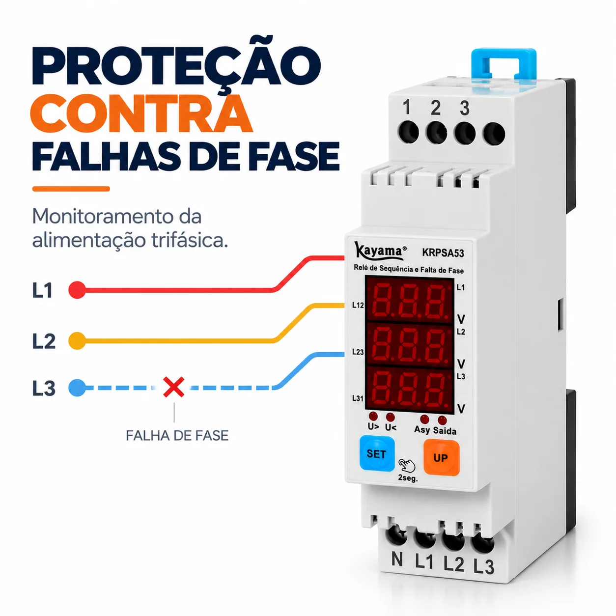 Relé de proteção de sequência de fase ajustável digital - KRPSA53 - 220V 50/60 HZ  - Kayama — imagem 3