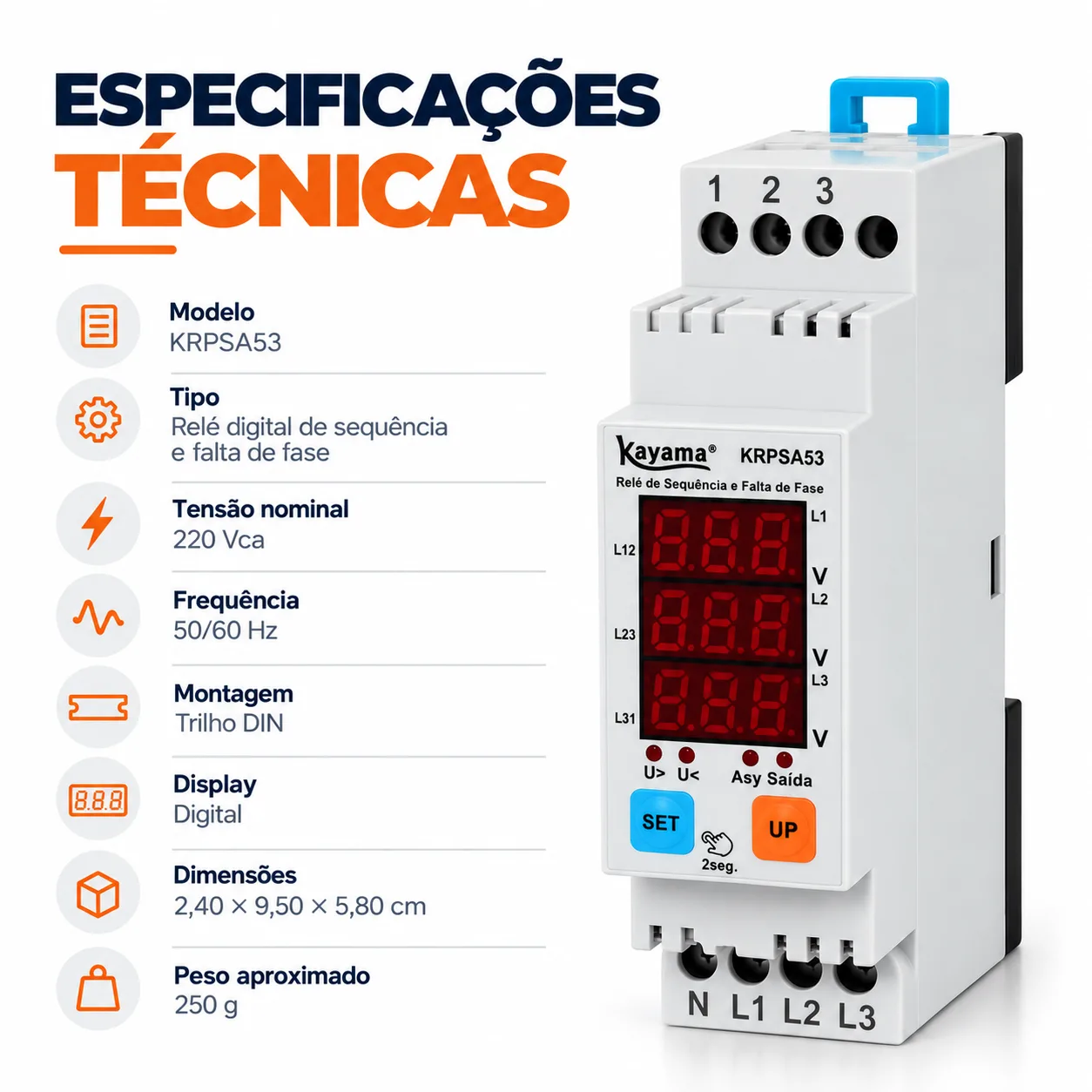Relé de proteção de sequência de fase ajustável digital - KRPSA53 - 220V 50/60 HZ  - Kayama — imagem 4