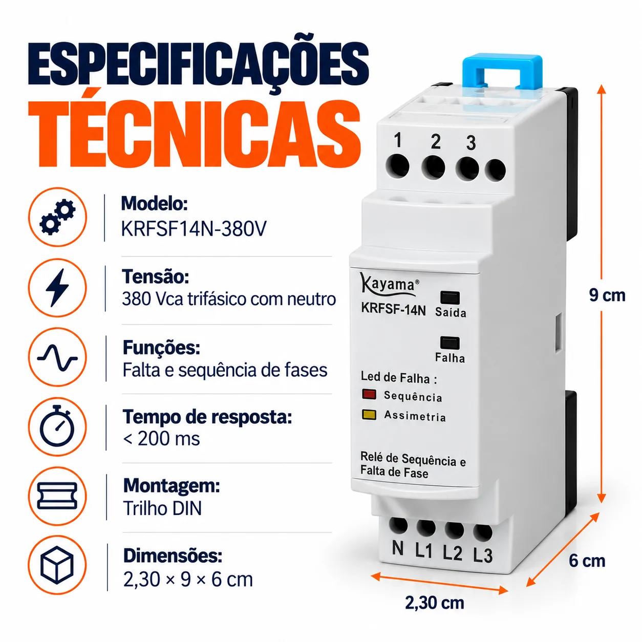 Relé Falta e Sequência de Fase - KRFSF14N - 220-380V 50/60HZ c/neutro - Kayama — imagem 4