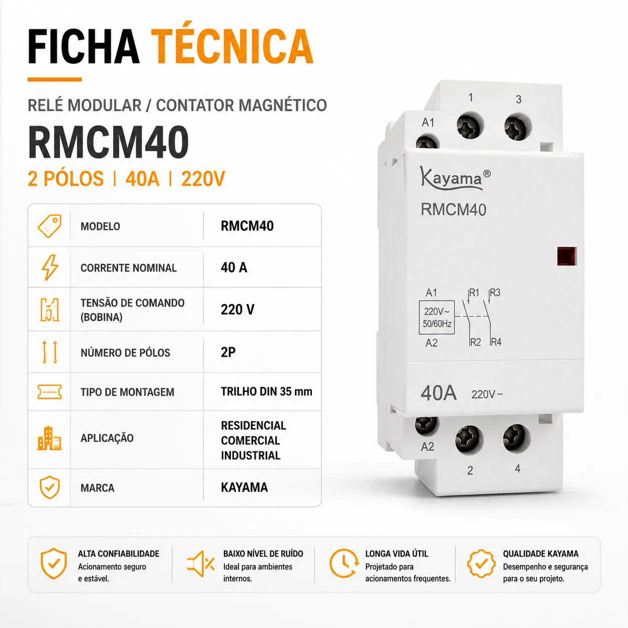 Relé Modular Contator Magnético 2 Pólos RMCM40 - Kayama — imagem 3