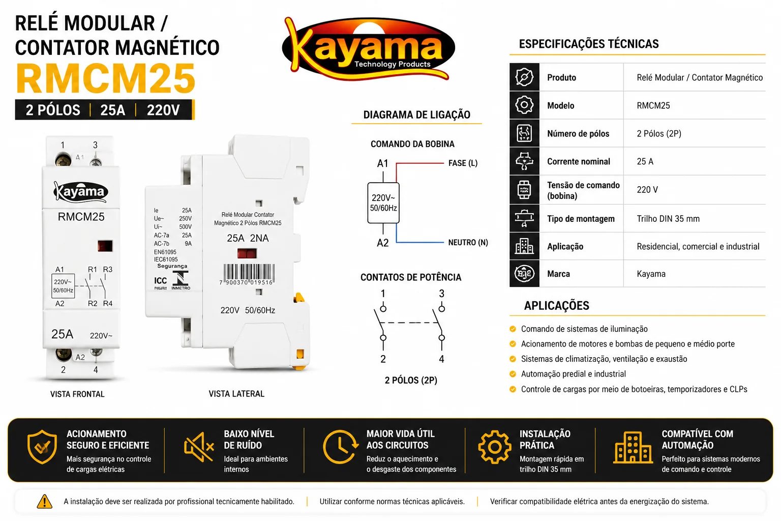 Relé Modular Contator Magnético 2 Pólos RMCM25 - Kayama — imagem 5