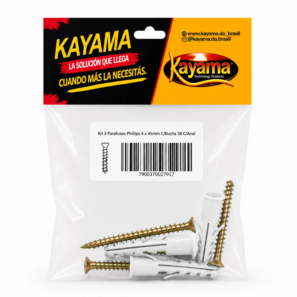 Kit 3 Parafusos Philips 4 x 45mm com Buchas S8 Com Anel Kayama Fixação Reforçada(Encartelado)